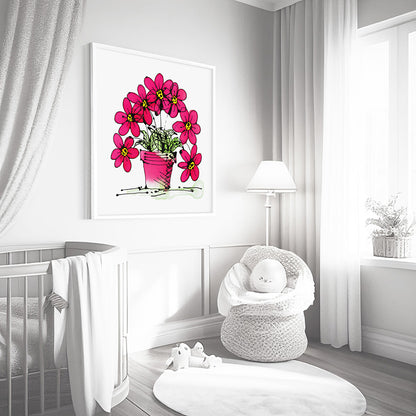 SEVEN PINK FLOWERS IN A CUTE PINK POT floral art print