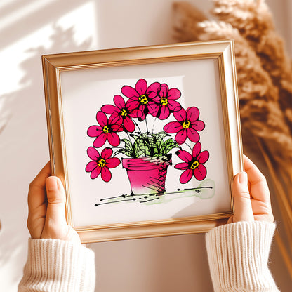 SEVEN PINK FLOWERS IN A CUTE PINK POT floral art print