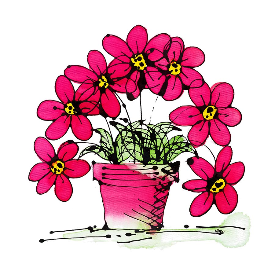 Seven Pink Flowers in a Cute Pink Pot, a bright floral painting by artist Susan Marie Williams