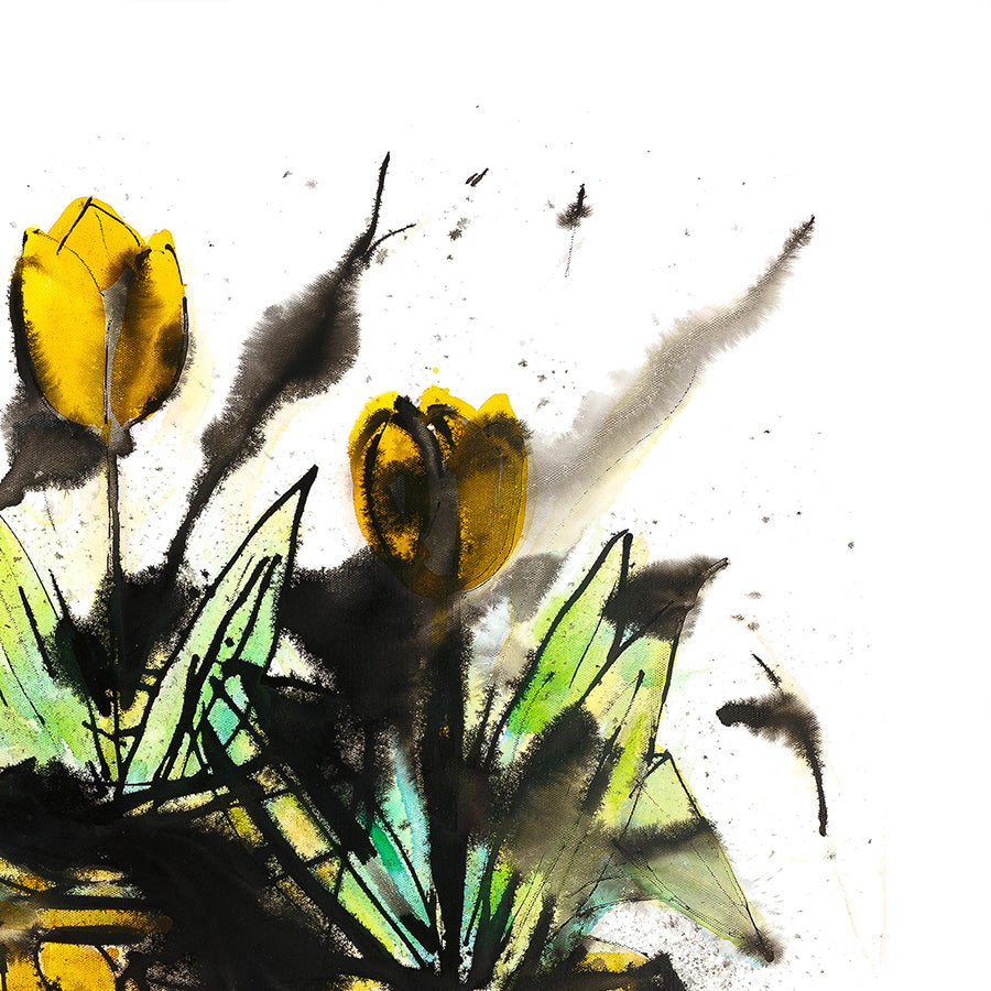 Detail of Three Yellow Tulips in Three Yellow Pots, a lively floral painting by artist Susan Marie Williams