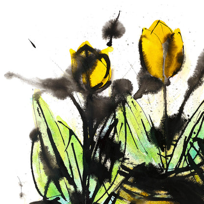 Detail of Three Yellow Tulips in Three Yellow Pots, a lively floral painting by artist Susan Marie Williams