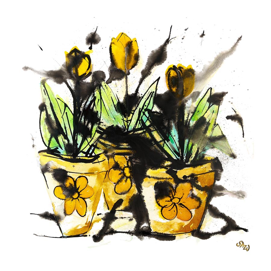 Three Yellow Tulips in Three Yellow Pots, a lively floral painting by artist Susan Marie Williams