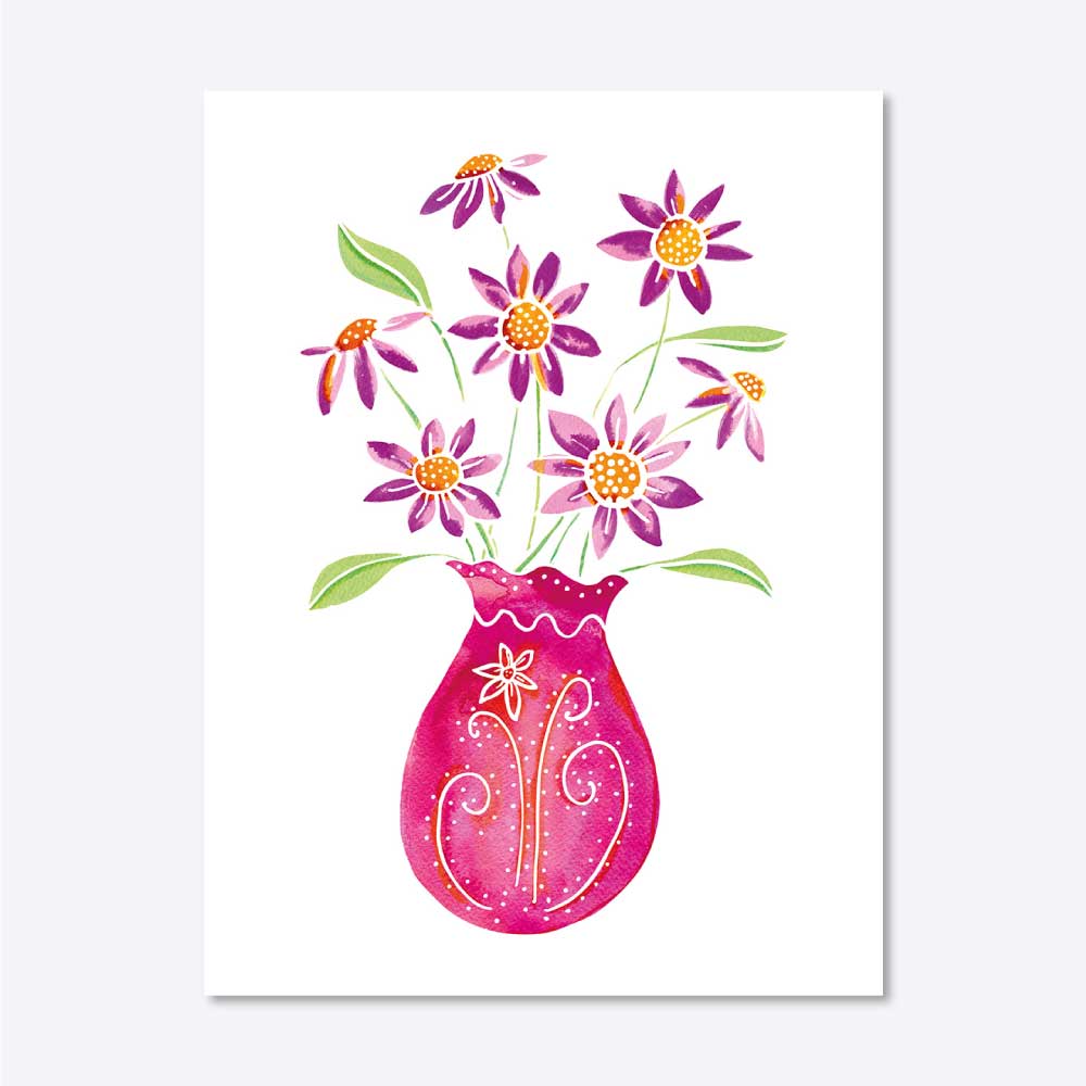 A vibrant bright pink floral print with watercolor textures, featuring a bouquet of purple and yellow flowers in a pink vase with decorative patterns.