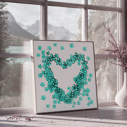 TEAL FLORAL HEART floral art print