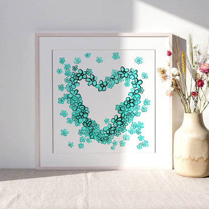 TEAL FLORAL HEART floral art print