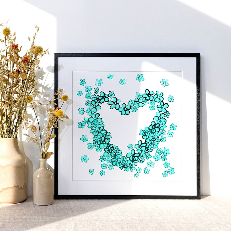 TEAL FLORAL HEART floral art print