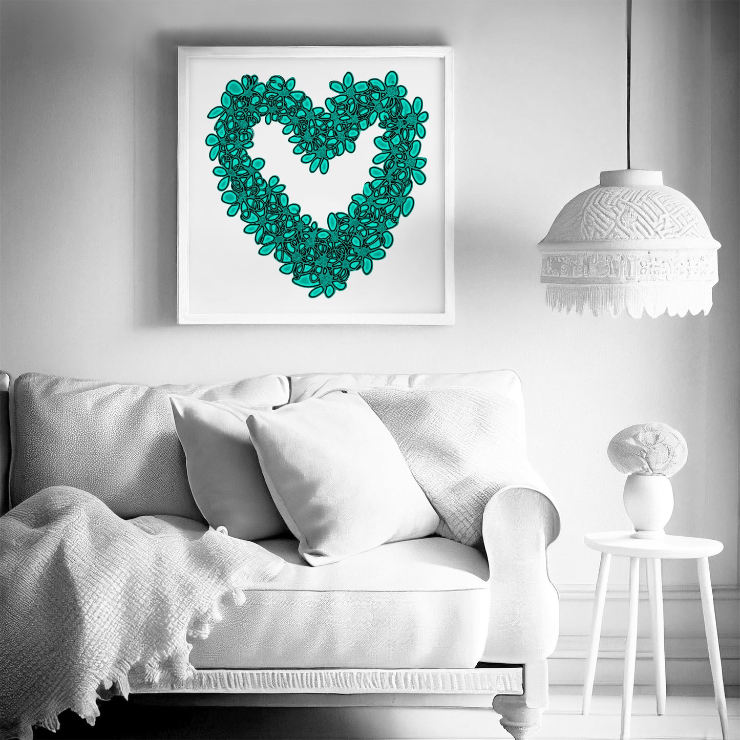 TEAL SEAGLASS HEART floral art print