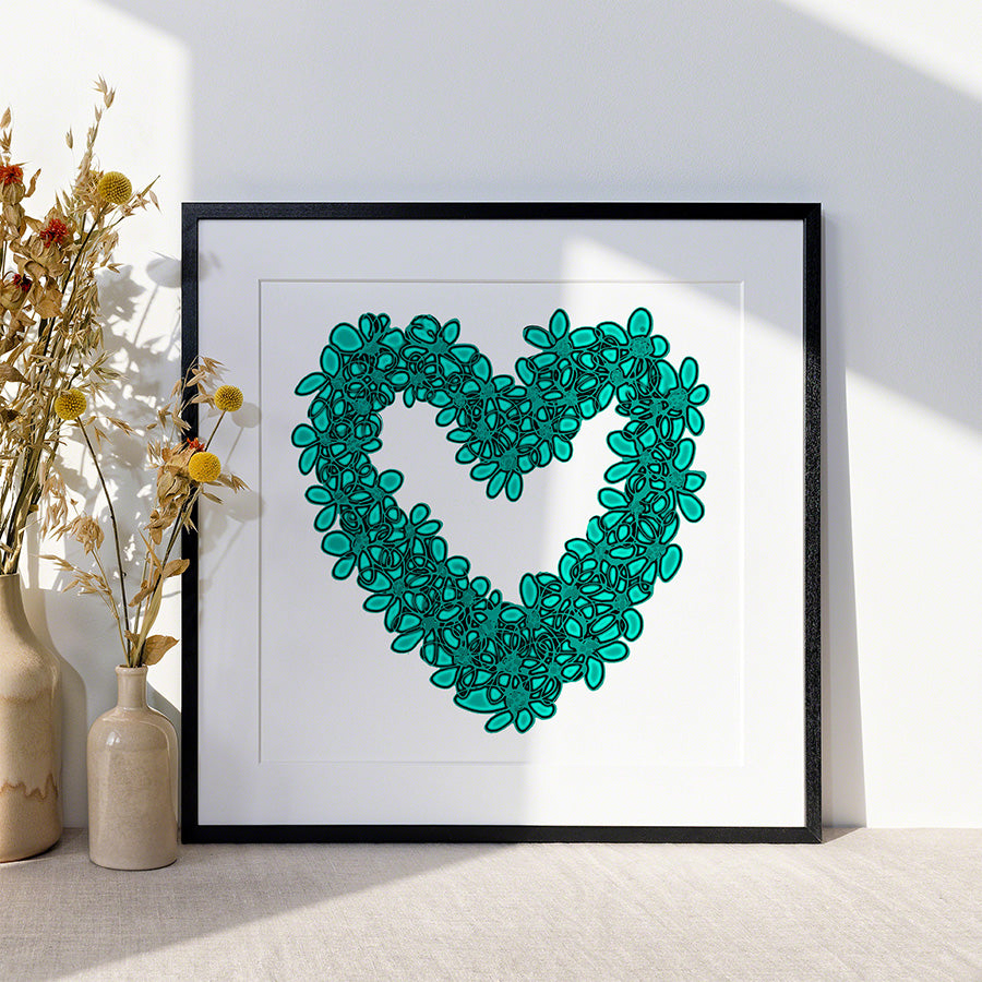 TEAL SEAGLASS HEART floral art print