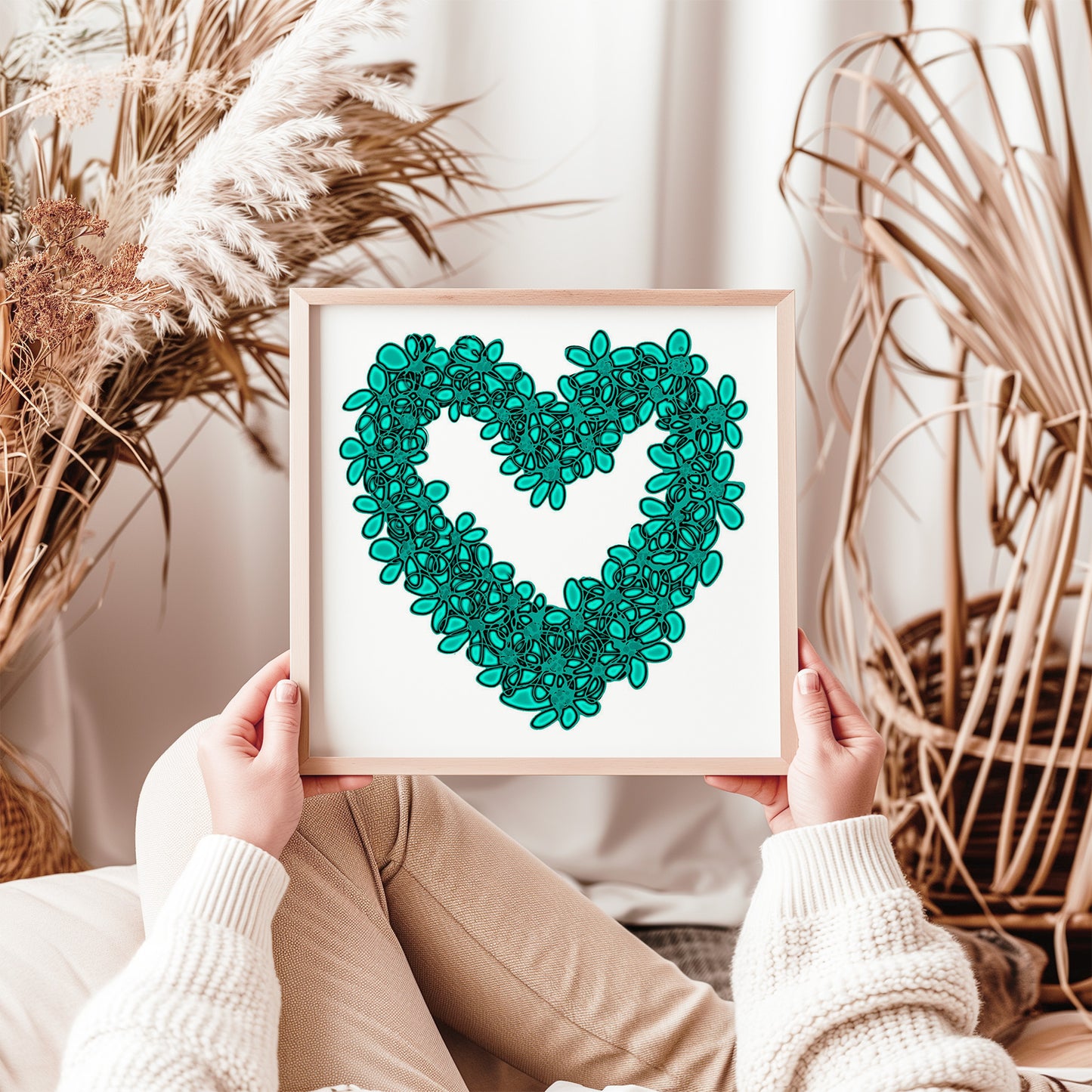 TEAL SEAGLASS HEART floral art print