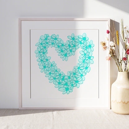 TEAL PASTEL HEART floral art print