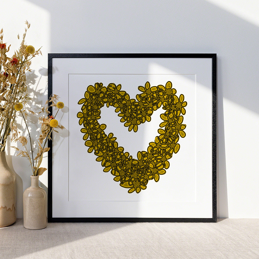 YELLOW SEAGLASS HEART floral art print