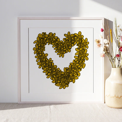 YELLOW SEAGLASS HEART floral art print