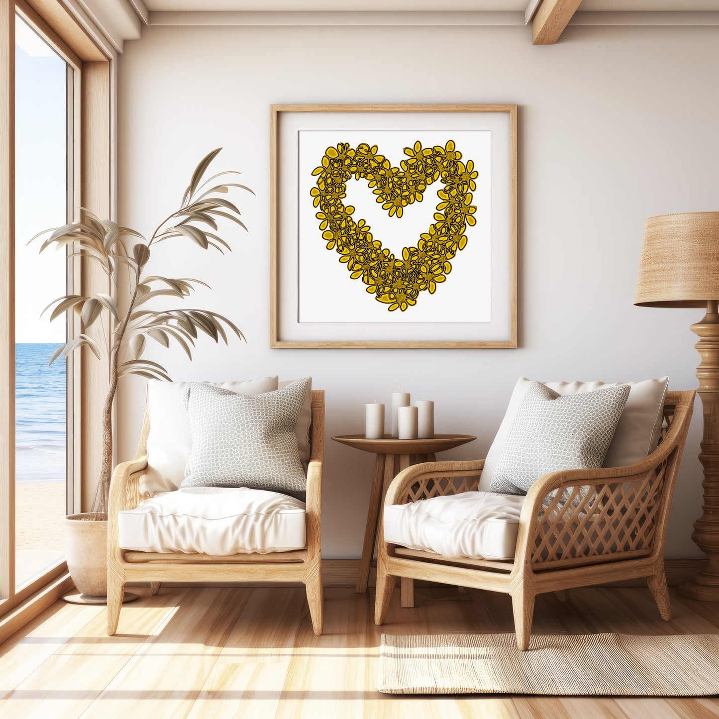 YELLOW SEAGLASS HEART floral art print